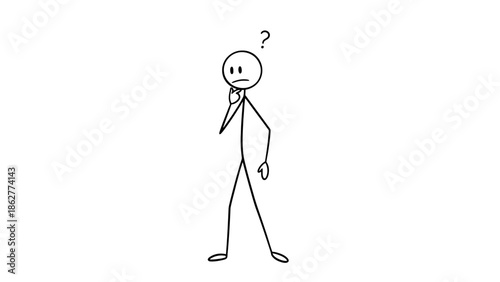 Confused Stick Figure Person Standing Thinking with Question Mark Above Head on Isolated White Background, Uncertain and Pensive