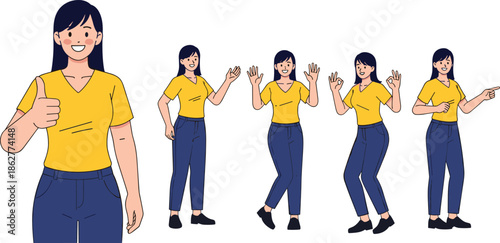 Happy young woman character illustration showing positive hand gestures thumbs up okay sign waving pointing poses isolated white background vector