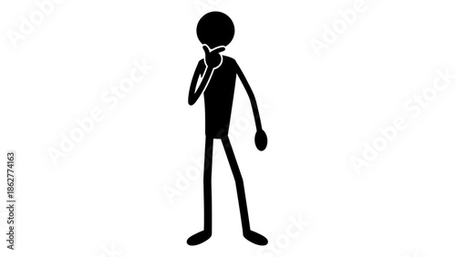 Black Stick Figure Person Standing Thoughtfully Hand on Chin Contemplating on Isolated White Background, Pensive and Curious