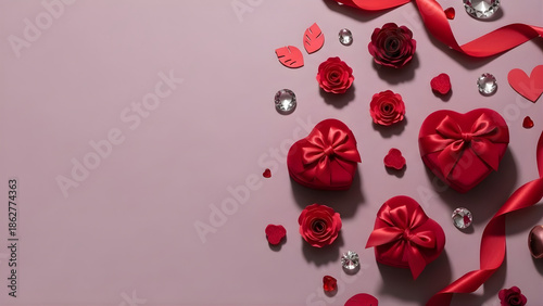 Overhead view of red heart boxes and roses on a purple background.