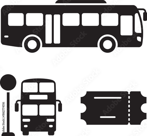 Bus transportation icons set with large bus bus stop and ticket silhouettes