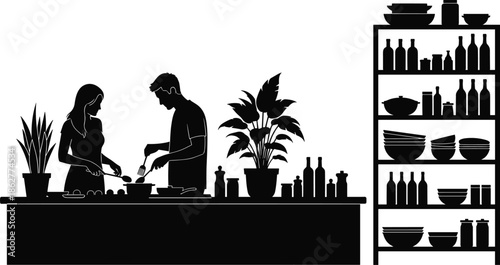 Couple cooking together silhouettes, modern kitchen interior, home food preparation scene, healthy lifestyle concept, domestic teamwork, culinary illustration set