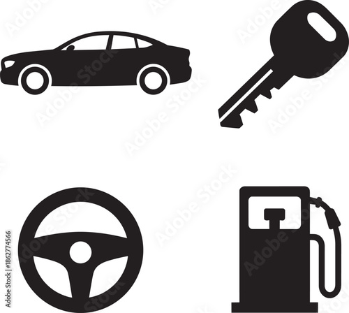 Car driving icons set including a sedan car key steering wheel and gas pump