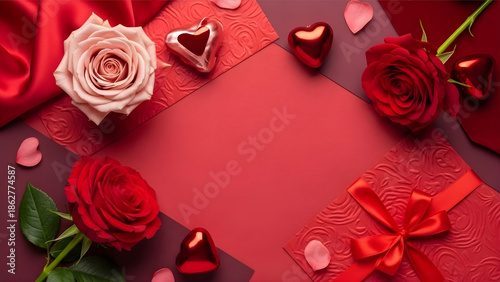 A vibrant red flat lay featuring roses, hearts, and a gift box.