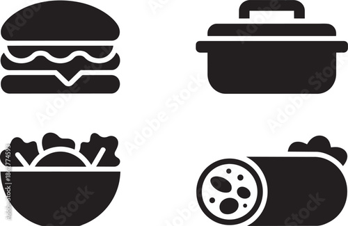 Cooking meal with hamburger, fresh salad, hot soup, and delicious burrito