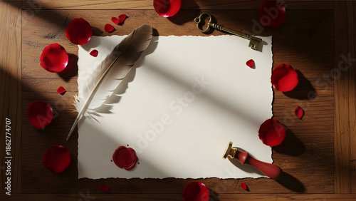 A vintage writing setup with a blank paper, feather quill, and antique key.