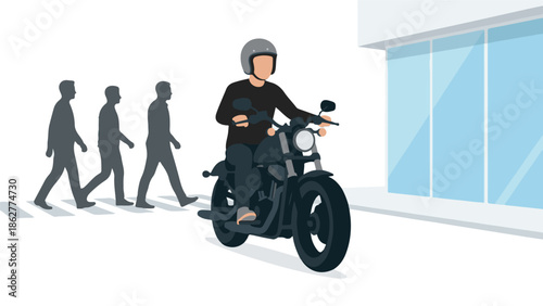 Motorcyclist on street passing pedestrians on a crosswalk near modern building