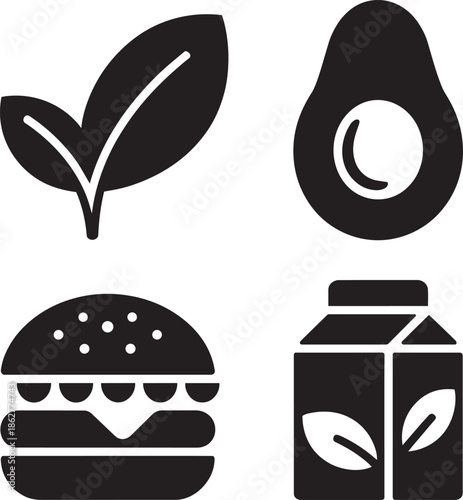 Four simple icons representing healthy vegetarian food and beverage choices for modern diet