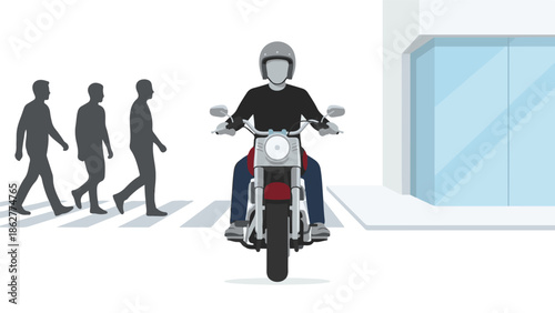 Motorcycle rider at pedestrian crosswalk with walking silhouettes and building