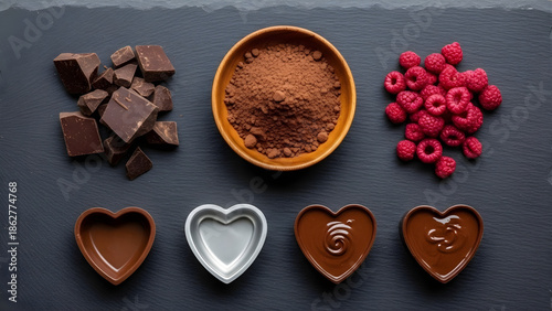 An appetizing display of chocolate, cocoa, raspberries, and heart molds.