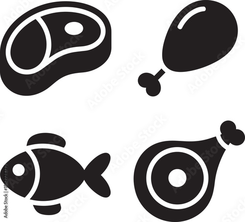 Four icons depicting different forms of meat and poultry suitable for protein rich food concepts
