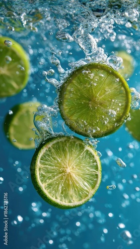 Lime slices plunging into blue water with bubbles and splashes. Concept Lime Slice Splashes in Bright Blue Water, Bubbly Citrus Splash Photography, Refreshing Lime in Oceanic Foam