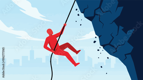 Person rappelling from dangerous crumbling cliff over city skyline