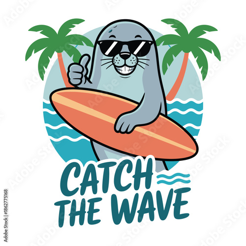 Cool cartoon seal character holding surfboard giving thumbs up for summer fun.