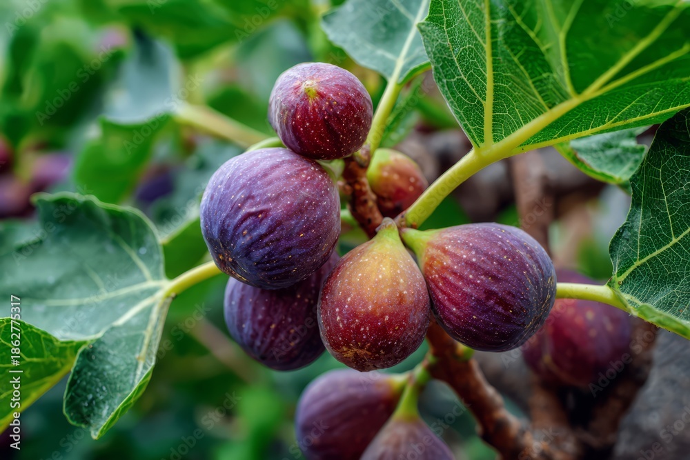Fototapeta premium Ripe purple figs growing on fig tree branch