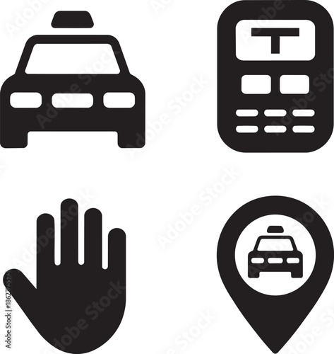 Taxi service icons set black silhouettes including car meter hand gesture and location pin
