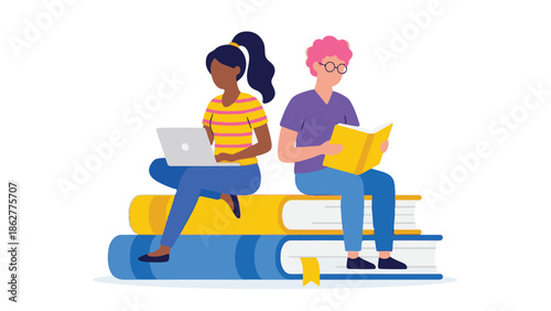 Diverse young people studying on stacked books with laptop and textbook