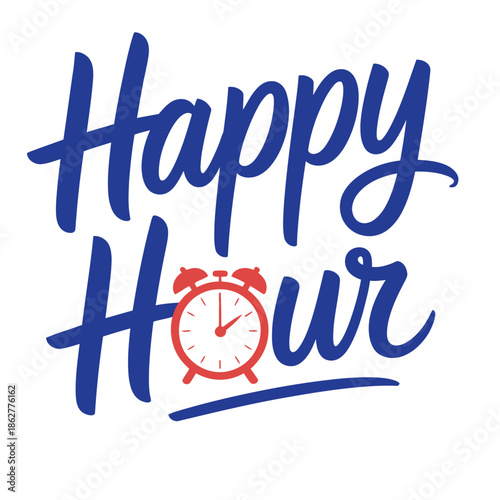 Happy Hour text with vintage alarm clock graphic.
