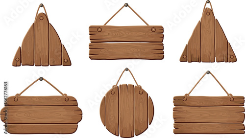 Rustic Set of Six Hanging Wooden Signs in Various Shapes (Circle, Triangle, Rectangle) Suspended by Rope Vector Illustration.