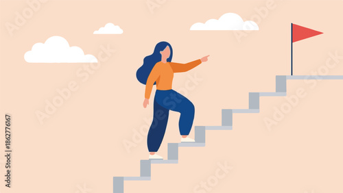 Ambitious woman climbing stairs towards success and reaching goals concept