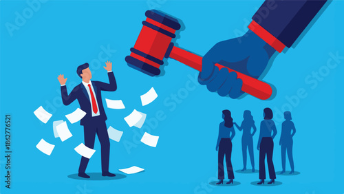 Businessman facing legal judgment and public scrutiny with a giant gavel