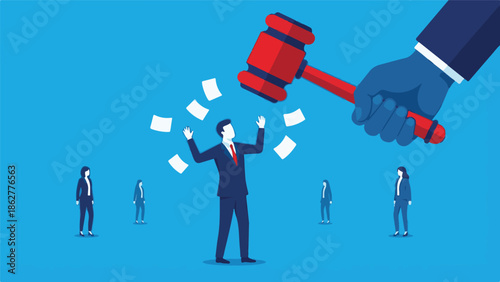 Businessman under legal threat with large gavel and flying papers overhead