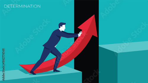 Businessman pushing red arrow upwards, symbolizing determination and progress