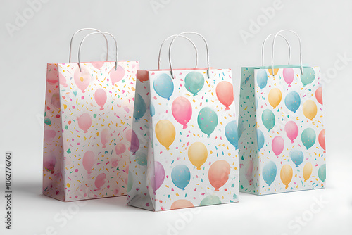 Colorful gift bags with balloon designs for celebrations