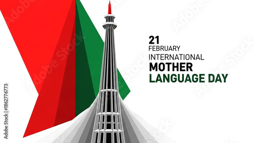 Graphic commemorating International Mother Language Day, with a monument and abstract flags, symbolizing linguistic diversity, cultural heritage, and global language preservation