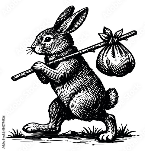 Vintage hand drawn line art illustration of a rabbit depicting a journey with a bindle on a stick for travel and adventure concepts