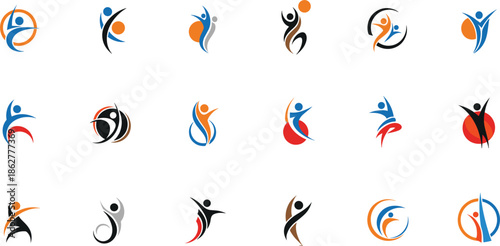 Collection of abstract human figure logos representing community success health and teamwork in dynamic motion poses isolated on white background for branding.