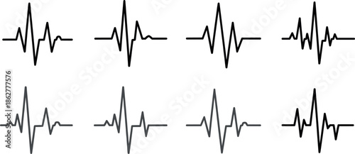 Set of Eight Heartbeat Pulse Line Vector Icons Representing ECG, EKG, Sound Waves, and Health Monitoring for Medical, Fitness, and Technology Design.