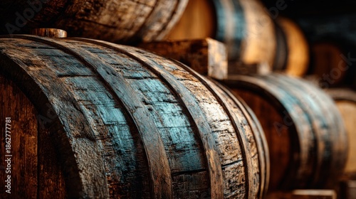 Wallpaper Mural Barrels stacked in a storage area with natural light highlighting their wood grain and texture during the evening hours Torontodigital.ca