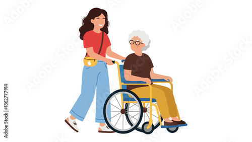 Young woman pushing elderly lady in wheelchair, providing support and care