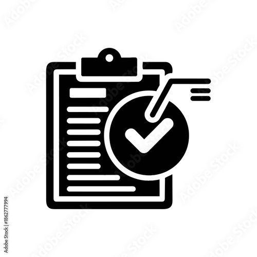Black and white clipboard icon with checkmark
