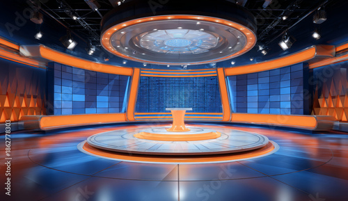 Large tv game show studio with a modern circular stage, vibrant blue and orange color scheme, illuminated backdrop, sleek podium, and futuristic lighting design