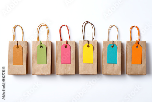 Colorful gift bags with blank tags for personalized shopping