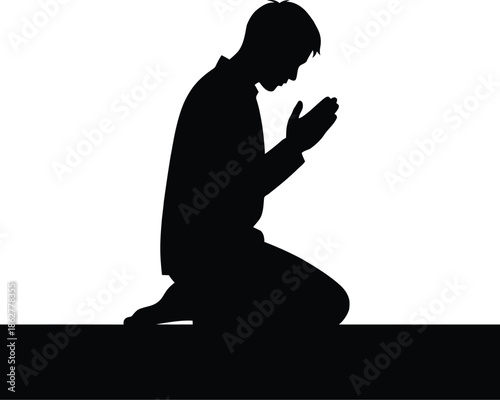 Serene man silhouette kneeling in prayer. spiritual devotion, worship and faith.