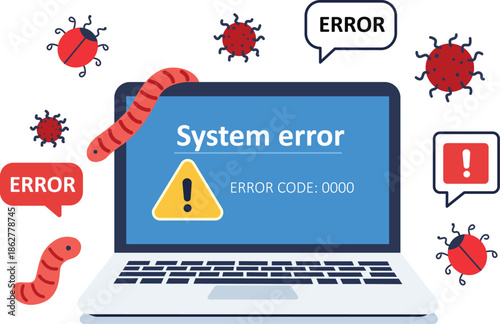 An illustration of system error. Cyber Crime Concept Internet Security with Flat Icon Like Virus, Worm and Error. Vector for Flyer, Poster, Web Site and Printing Advertising.