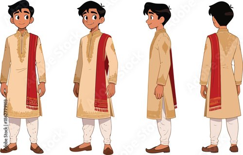 Young Indian Man Character Turnaround in Traditional Kurta and Dupatta – Front, Side, Back Views