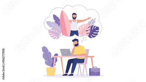 Man working on laptop dreams of summer vacation with surfboard