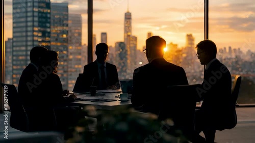 Business leaders meeting at sunset inside modern office with city skyline view, strategic discussion, executive teamwork and corporate decision making