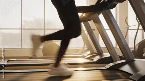 Silhouette of a person running on a treadmill, blurred motion, gym interior