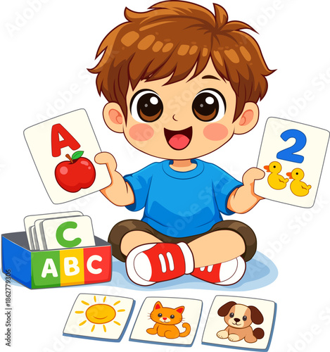 Cute little boy learning alphabet and numbers with cards