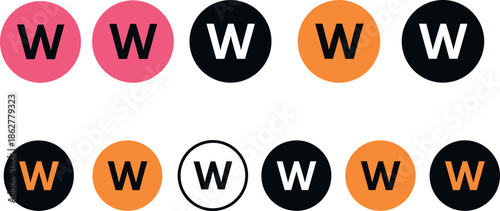 Set of Ten WWW Web Internet Icons in Circles with Various Colors, Perfect for Website Design, Technology, Communication, and Global Network Symbols.