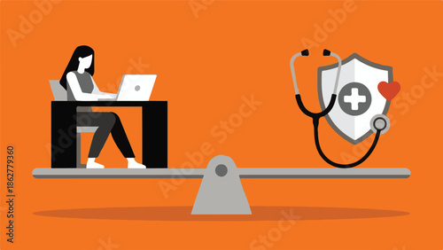 Woman balancing work and health on a scale, conceptual illustration
