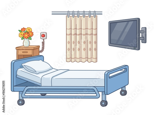 Hospital room setup with bed, television, and flowers on nightstand
