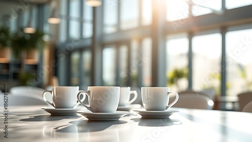 Wallpaper Mural stimulant. Modern office setting featuring coffee cups on a sleek table with a blurred glass background, exuding professionalism. pitch deck slides. Torontodigital.ca