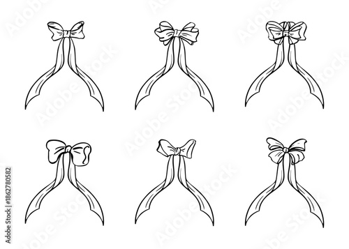 Charming ribbon bows tied with delicate soft folded loops. Vector decorative set of single elements hand drawn in ink. Wedding designs, crafts, packaging accents, and gentle romantic compositions.