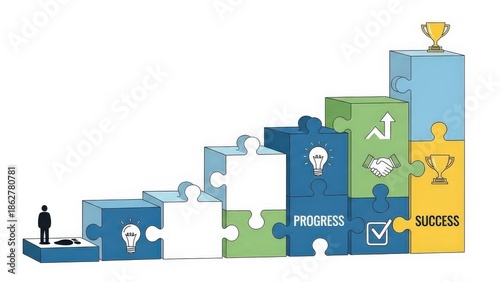 Businessman standing on puzzle pieces leading to success.